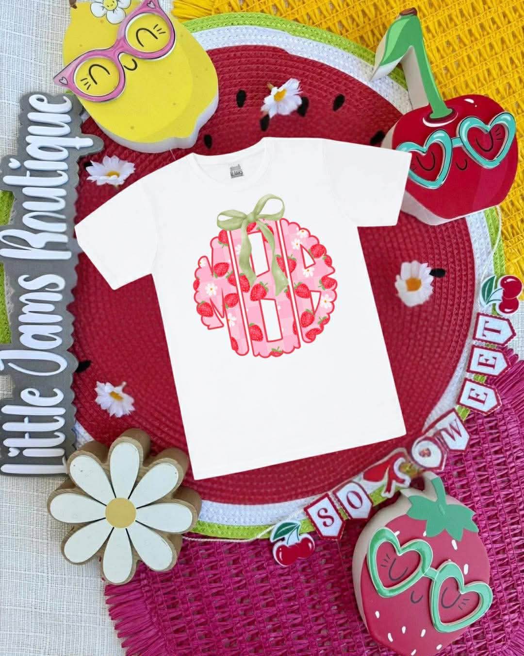 Strawberry Monogram Romper/T-Shirt with Matching Bow