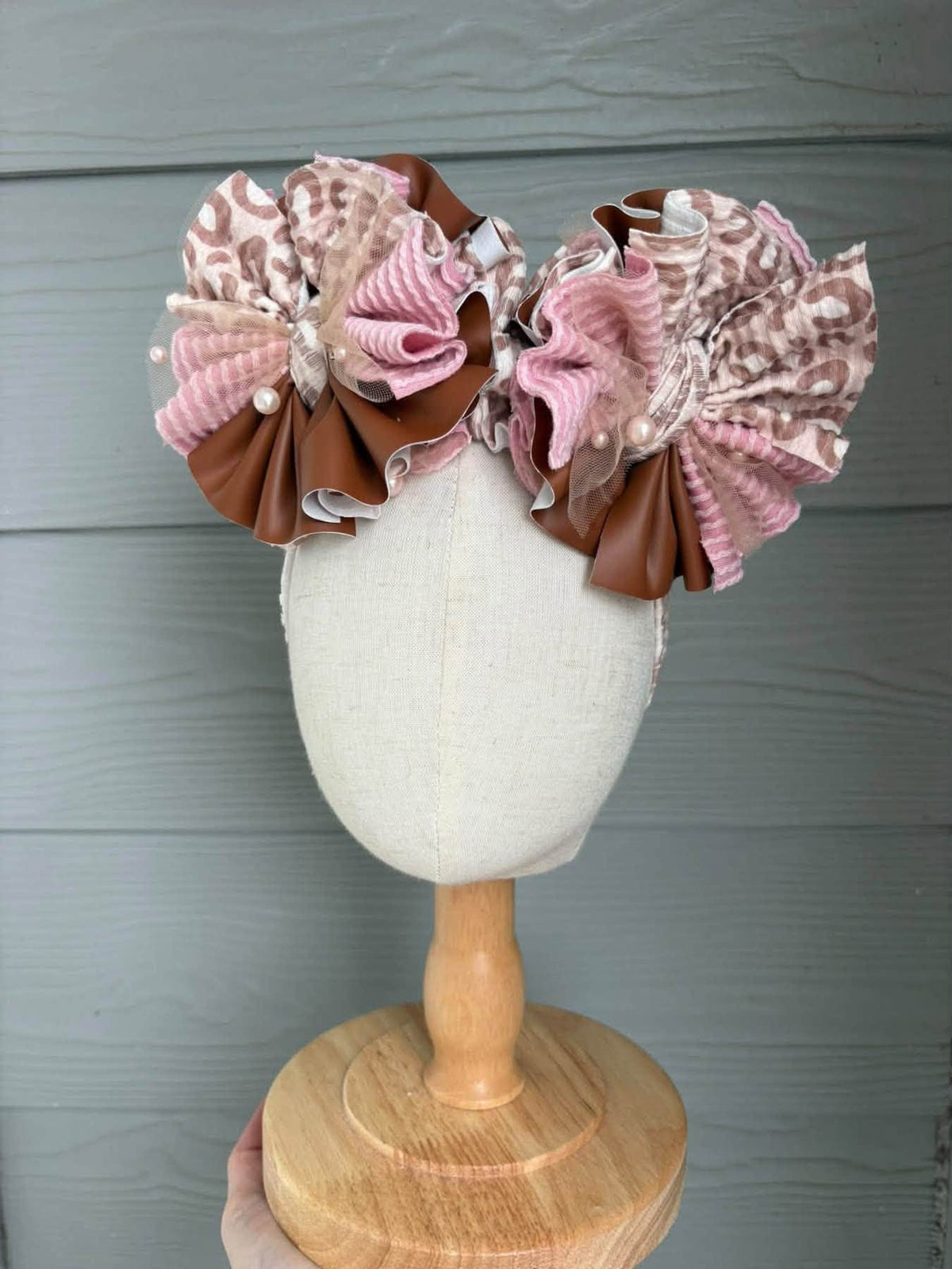 Fall Ribbed Leopard Mixed Rose Ribbed, Brown Pleather and Rose Pearl Mesh