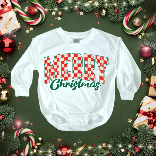 Merry Christmas Checkered Romper/T-Shirt with Matching Bow