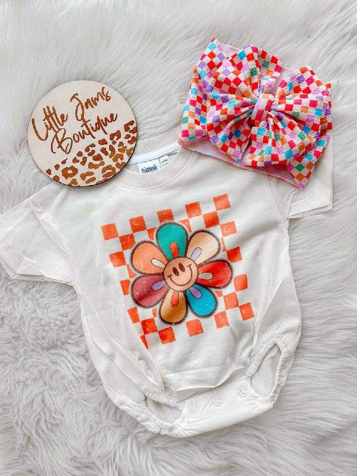 Rainbow Flower & Checkered Bow T-shirt/Romper