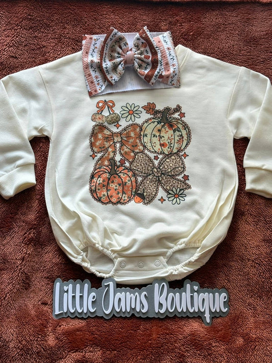 Pumpkin and Bows Romper/T-Shirt with Matching Bow