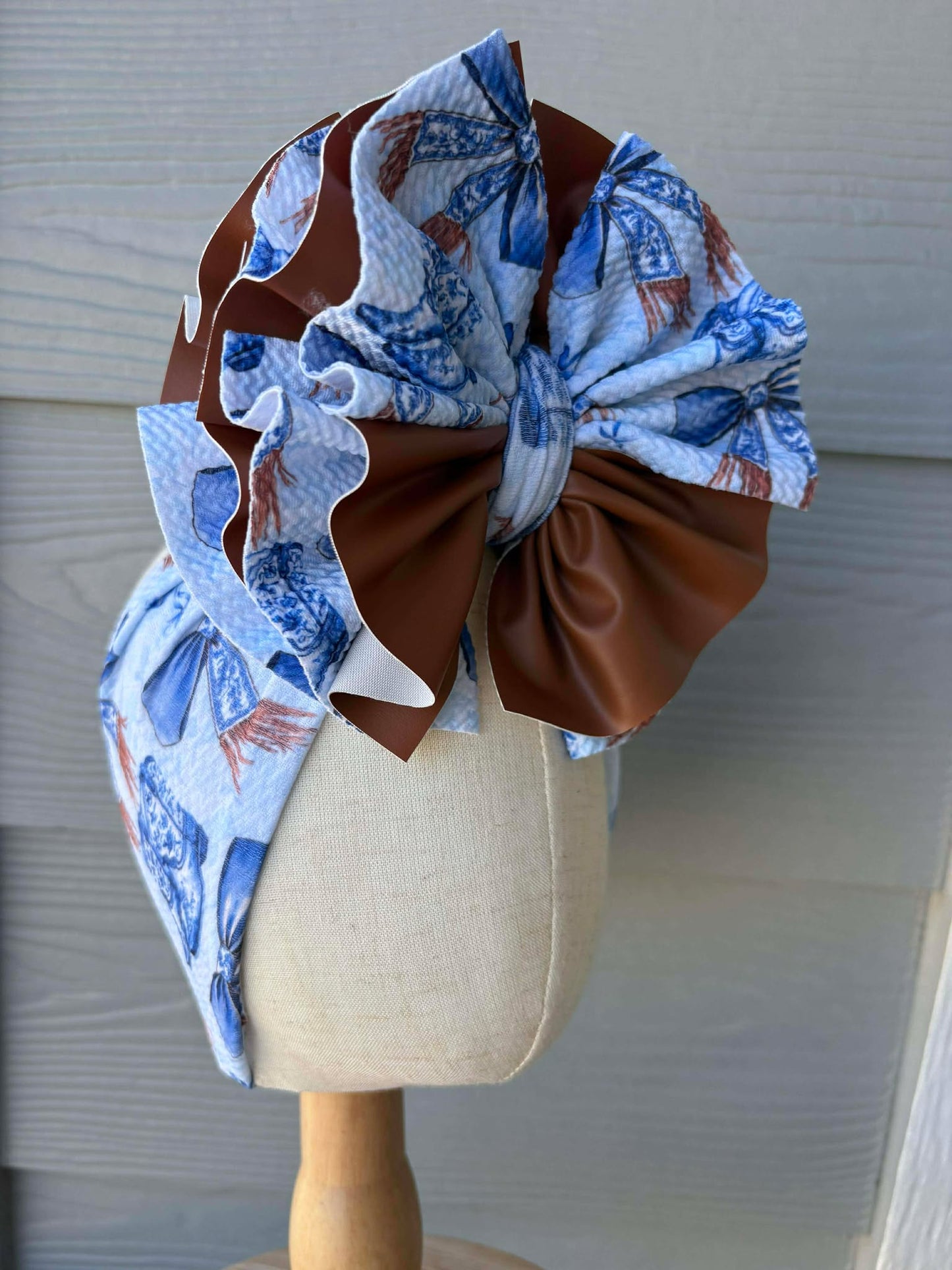 Blue Boots with Brown Pleather Scrap Wrap/ Scrap piggies