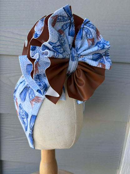 Blue Boots with Brown Pleather Scrap Wrap/ Scrap piggies