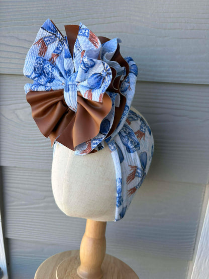 Blue Boots with Brown Pleather Scrap Wrap/ Scrap piggies