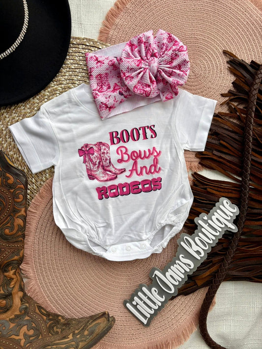 Boots, Bows and Rodeos Romper/T-Shirt with Matching Bow