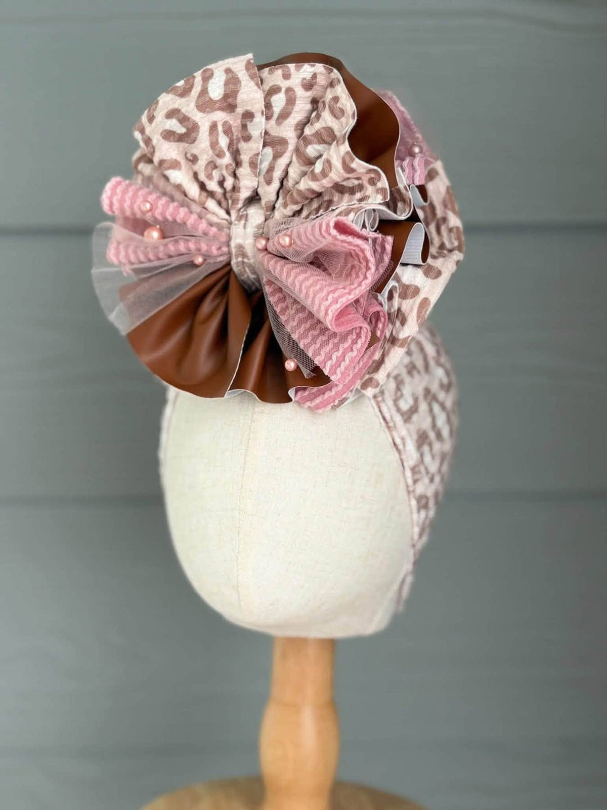 Fall Ribbed Leopard Mixed Rose Ribbed, Brown Pleather and Rose Pearl Mesh