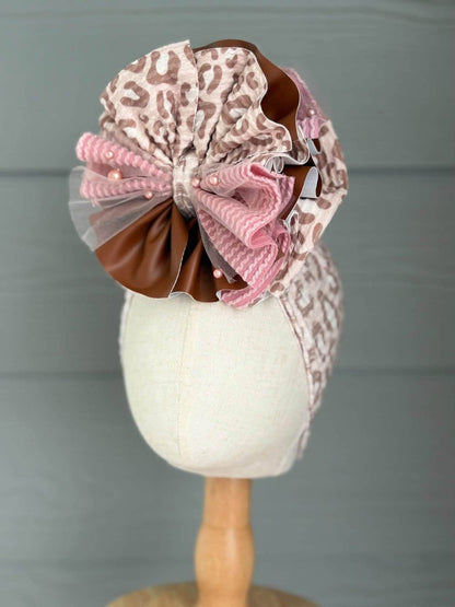 Fall Ribbed Leopard Mixed Rose Ribbed, Brown Pleather and Rose Pearl Mesh
