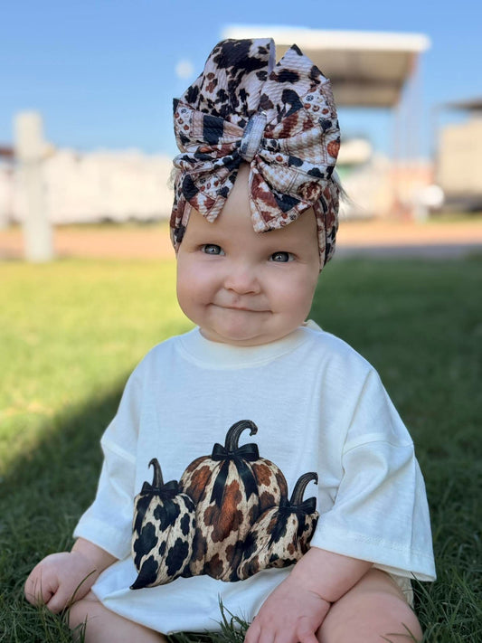 Cow Print Pumpkin Romper/T-Shirt with Matching Bow