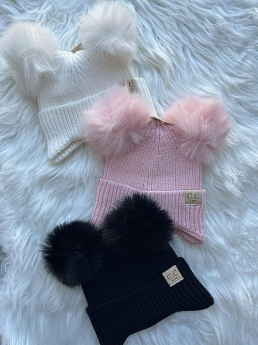 Solid Ear Flap Double Pom Beanies Toddler